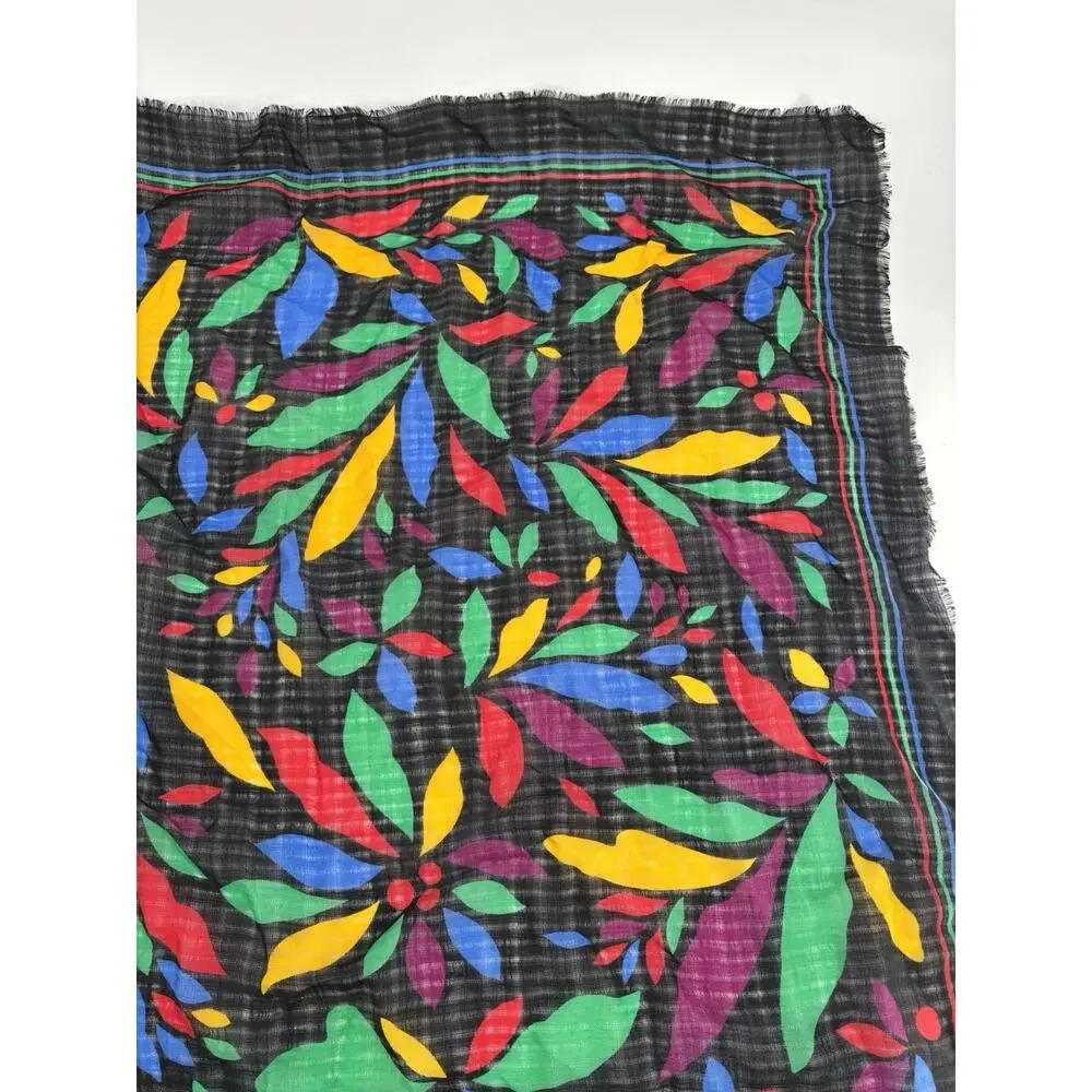 YSL Vintage Scarf Shawl Womens Black Multicolor Floral Fringe Sheer Wool Logo